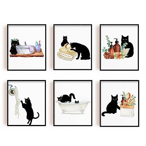 SUPERDANT Schwarze Katze Wandkunst Katzen Badezimmer Wandkunst Poster Niedliches Tierbild Leinwanddruck Katzengemälde Poster Katzenbilder Wandkunst Katzen Toilettenpapier Kunstposter Dekor von SUPERDANT