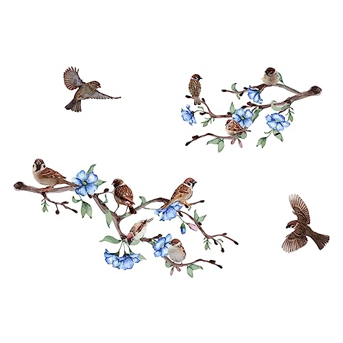 SUPERDANT Wandaufkleber „Vogel Auf Dem Ast“ Blaue Blumen Und Fliegender Spatz DIY-Kunst Vinyl-Wandaufkleber Selbstklebende Wanddekoration Für Garten Wohnzimmer Schlafzimmer Kinderzimmer von SUPERDANT