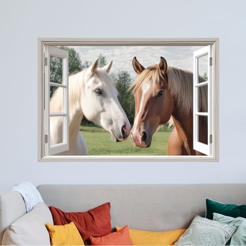 SUPERDANT Wandsticker Pferde Vor Dem Fenster Tier Wandaufkleber Groß Farbenfroh Pferd Wandtattoo Pferd Kunstwandbild Vinyl Wandsticker Schlafzimmer Wohnzimmer Dekoration Wandkunst Wandbild von SUPERDANT