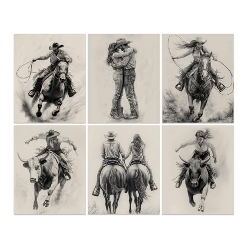 SUPERDANT Western Skizzenszene Wandkunst Poster Western Cowboy Drucke Poster Cowboy Copules Wandbilder Cowgirl Wandkunstdrucke 6 Stück/Set Für Schlafzimmer Wohnzimmer Ungerahmt von SUPERDANT