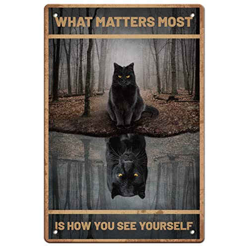 SUPERDANT What Matters Most Is How You See Yourself Blechschild Schwarze Katze Vintage Metallblechschilder Lustige Wandkunst Malerei Metalldekor Für Zuhause Mädchenzimmer Arbeitszimmer Büro Draußen von SUPERDANT