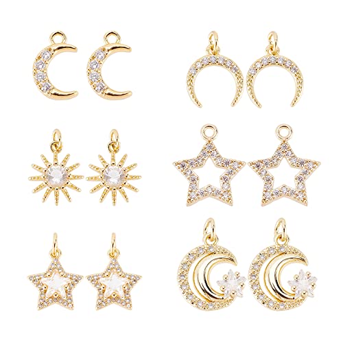 SUPERFINDINGS 12 St¨¹ck 6 Stile Messing Zirkonia Sonne Mond Und Stern Charms Strass Sternen Baumeln Charms Kristall Himmlische Charm Anh?nger F¨¹r DIY Schmuckherstellung Bohrung: 1.2-3 mm von SUPERFINDINGS