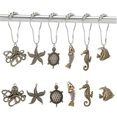 SUPERFINDINGS 12 Stück 6 Stile Ozean Themen Duschvorhangringe Mit Legierung Antik Bronze Tieranhänger Eisen Seestern Fischgräten Krake Metall Duschring Haken von SUPERFINDINGS