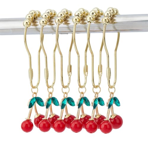 SUPERFINDINGS 12 Stück Kirschendekorative Duschringe Goldene Duschvorhangringe Mit Legierungskirsch Rhinestone Anhängern Obst Stil Duschvorhanghaken Für Badezimmer Duschstange，Schlafzimme von SUPERFINDINGS