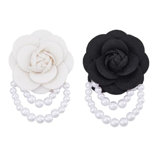 SUPERFINDINGS 2 Stück 2 Farben Camellia Blumen Brosche Anstecknadel Mit Perlenkette Vintage Kragen Brosche Clip Hochzeitsbroschen Künstliche Rosen Korsage (Schwarz & Weiß) von SUPERFINDINGS