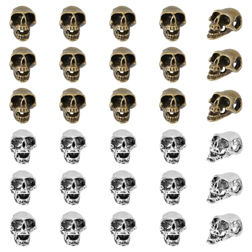 SUPERFINDINGS 30 Stück 2 Farben Legierung Schädel Spacer Perlen Tibetischer Stil Großes Loch Europäische Perlen Antik Bronze Skelett Lose Perlen Antik Silber Perlen Loch 4.5mm von SUPERFINDINGS