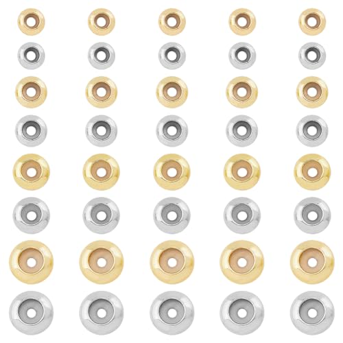SUPERFINDINGS 40 Stück 8 Stile Messingperlen Mit Gummi Innen Schiebeperlen Rondelle Stopperperlen Platin Und Goldene Charms Basteln Stapelbare Perlen Loch 2mm von SUPERFINDINGS