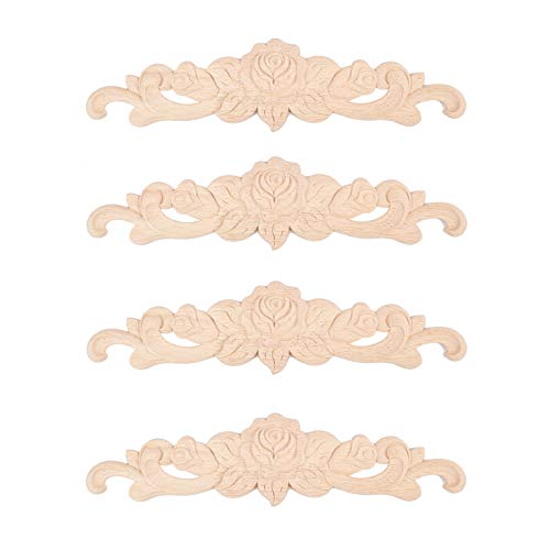 SUPERFINDINGS 4Stk Gummi Holz Geschnitzte Onlay Applique Unlackierte Center Flower Long Applique European Style Für Türschrank Bett Dekor von SUPERFINDINGS