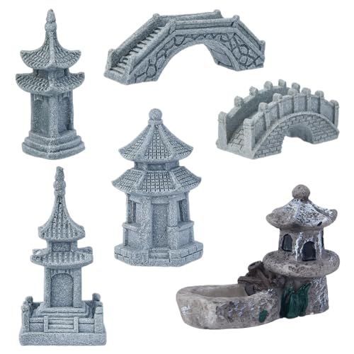 SUPERFINDINGS 6 Stile Mini Zen Garten Statue Pagode Laterne Garten Statue Chinesischer Miniatur Tower Bridge Garten Dekoration Feengarten Zubehör Für Balkon Garten von SUPERFINDINGS
