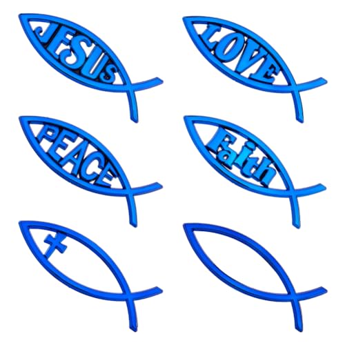 SUPERFINDINGS 6 Stücke 6 Stile Blau Acryl Jesus Fisch Auto Emblem Kreuz Fisch Aufkleber Aufkleber Wasserdicht Liebe Frieden Auto Aufkleber Selbstklebende Aufkleber 138x45x6mm von SUPERFINDINGS