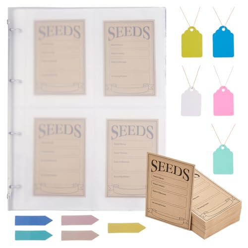 SUPERFINDINGS Samenspeicherbehälter Set Samenhalter Organizer Enthält Kunststoff 4 Ringordner Mit 30 Packungen Schutzhüllen 100 Stück Selbstklebende Saatgut Umschläge Haftnotizen von SUPERFINDINGS
