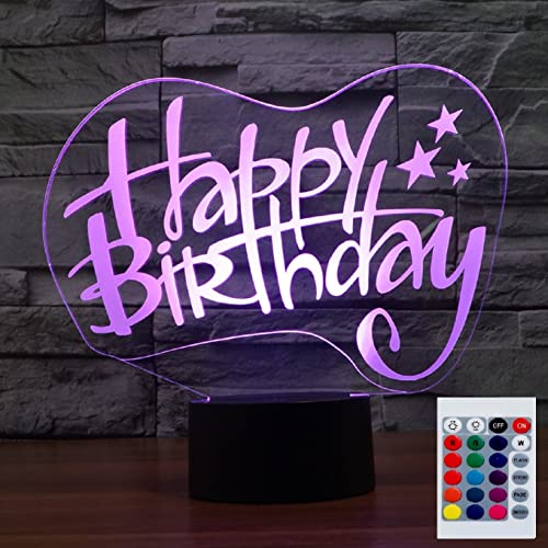 SUPERHONGJIHAO Nachtlicht 3D-Happy Birthday LED Lampe mit Fernbedienung 16 Farbwechsel Weihnachts Geburtstagsgeschenk für Kinder von SUPERHONGJIHAO