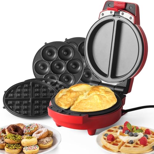 SUPERFLEX 3-in-1 Waffeleisen Rund Multifunktion Snack Machine mit 3 auswechselbaren Backplatten für Waffel, Donut, Omelette, Antihaftbeschichtung 600W von SUPERLEX