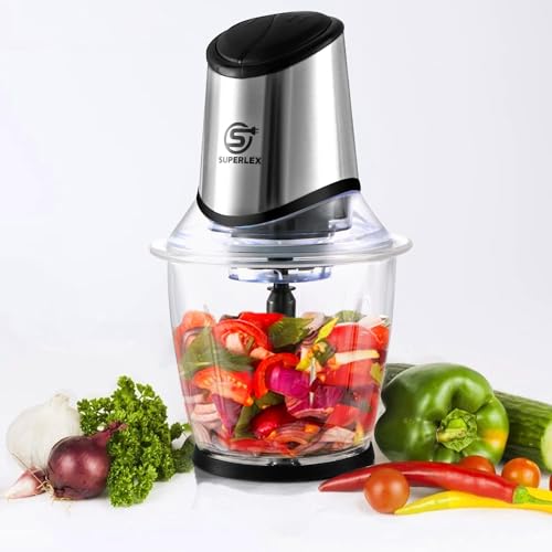 SUPERLEX 2-in-1 Zerkleinerer Küche Elektrisch 2-Geschwindigkeiten mit Glasbehälter und Deckel, 1,5L Gemüsezerkleinerer, Mixer, Multi- und Universalzerkleinerer für Gemüse, Obst und Fleisch von SUPERLEX