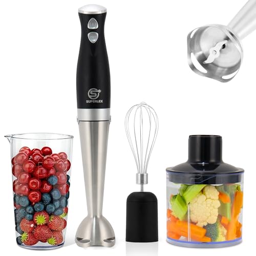 SUPERLEX 4-in-1 Elektrische Stabmixer Set mit Schneebesen, Zerkleinerer, Mixer und Messbecher, 2 Geschwindigkeitsstufen Turbotaste Pürierstab 700Watt, Edelstahl Blender, für Babynahrung, Suppe, Püree von SUPERLEX