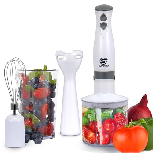 SUPERLEX 4-in-1 Elektrische Stabmixer Set, 2 Geschwindigkeitsstufen Turbotaste Pürierstab 700Watt, Edelstahl Blender, für Babynahrung, Suppe, Püree, Weiß von SUPERLEX