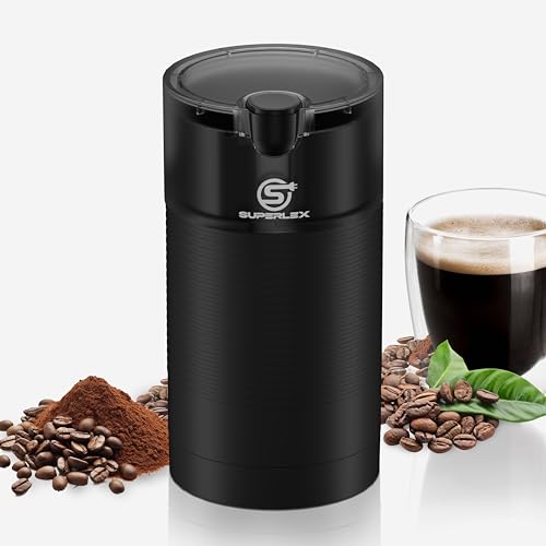 SUPERLEX Kaffeemühle Elektrisch 150W Gewürzmühle Mit Edelstahlklingen Kompakter Coffee Grinder Für Kaffee Bohnen Nüsse Samen Kräuter Einfach Zu Reinigen Ideal Für Zuhause Büro Und Kaffeeliebhaber von SUPERLEX