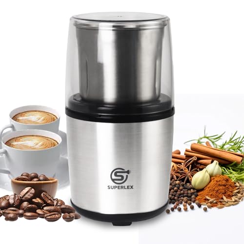 SUPERLEX Kaffeemühle Elektrisch Getreidemühle Gewürzmühle Edelstahl mit 100g Füllmenge für Kaffeebohnen Körner Zimt Gewürz, 200W von SUPERLEX