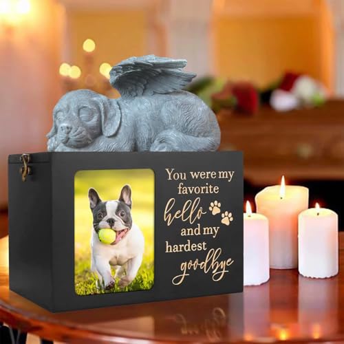 Hundeurnen für Asche, Pfotenmuster, Holz, schwarz, Andenken mit Bilderrahmen, Katzenurne Erinnerungsbox mit Tierstatue (Hundestatue) von SUPERPAWS