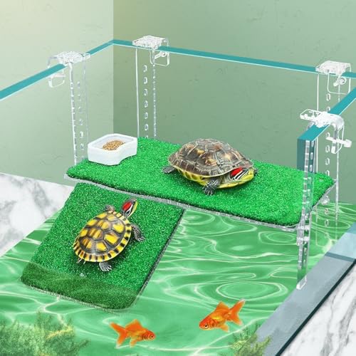 Verstellbare Sonnenplattform für Schildkröte, Acryl, hängende Simulationsgras, Schildkrötenrampe für Schildkrötenbecken, für kleine Reptilien, Frosch, Terrapin (grün, groß) von SUPERPAWS