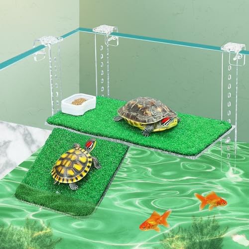 Verstellbare Sonnenplattform für Schildkröten, Acryl, hängende Simulationsgras, Schildkrötenrampe für Schildkrötenbecken, für kleine Reptilien, Frosch, Terrapin (grün, mittelgroß) von SUPERPAWS