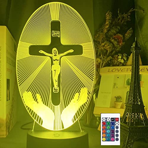 3D Jesus Kreuz Fernbedienung 16 Farben Nachtlichter Illusion Acryl LED Tisch Nachttisch Lampe Kinder Schlafzimmer Schreibtisch Dekor Geburtstag Geschenke Spielzeug für Kinder von SUPERRUIDALONG