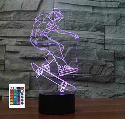 SUPERRUIDALONG 3D Skater Junge Fernbedienung 16 Farben Nachtlichter Illusion Acryl LED Tisch Nachttisch Lampe Kinder Schlafzimmer Schreibtisch Dekor Geburtstag Geschenke Spielzeug für Kinder von SUPERRUIDALONG