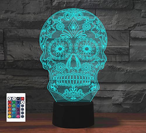 SUPERRUIDALONG 3D Totenkopf Halloween Fernbedienung 16 Farben Nachtlichter Illusion Acryl LED Tisch Nachttisch Lampe von SUPERRUIDALONG