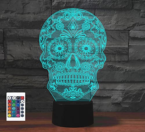 SUPERRUIDALONG Nachttischlampe mit 3D-Totenkopf-Motiv, Halloween-Fernbedienung, 16 Farben, Illusion, Acryl, LED-Tischlampe von SUPERRUIDALONG