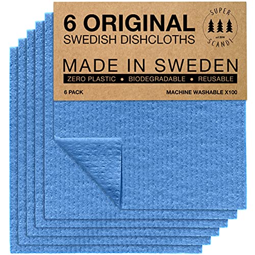 SUPERSCANDI Schweden-Geschirrtücher, umweltfreundlich, wiederverwendbar, nachhaltig, biologisch abbaubar, Zellstoff-Schwamm, Ersatz-Reinigungstücher 6er Pack Blau von SUPERSCANDI