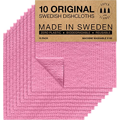 SUPERSCANDI Schwedische Spüllappen,10 Nachhaltige Küchentücher, Waschbare, Langlebige und Biologisch Abbaubare Spültücher Geschirrtücher Rosa von SUPERSCANDI
