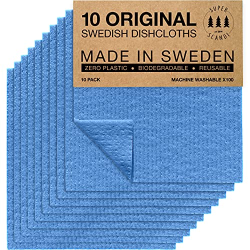 SUPERSCANDI Schweden-Geschirrtücher, umweltfreundlich, wiederverwendbar, nachhaltig, biologisch abbaubar, Zellstoff-Schwamm, Ersatz-Reinigungstücher 10er Pack Blau von SUPERSCANDI