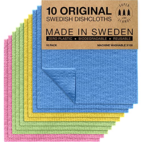 SUPERSCANDI Schweden-Geschirrtücher 10 Stück 100% Biologisch Abbaubar & Kompostierbar Wiederverwendbare & Lebensmittelsichere Spültücher Ohne Plastik Für Jede Oberfläche Geeignete Spüllappen | Bunt von SUPERSCANDI