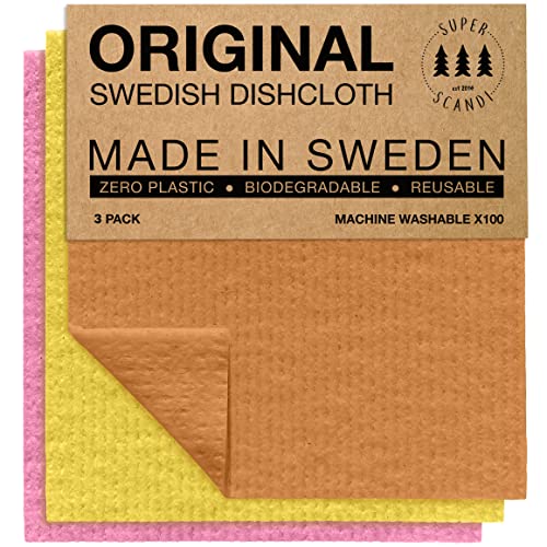 Superscandi Schwedische Geschirrtücher, wiederverwendbar, biologisch abbaubar, Zelluloseschwamm, Reinigungstücher für Küche, Papierhandtuch, Ersatzwaschlappen (3 x Größe L, Pink, Orange, Gelb) von SUPERSCANDI