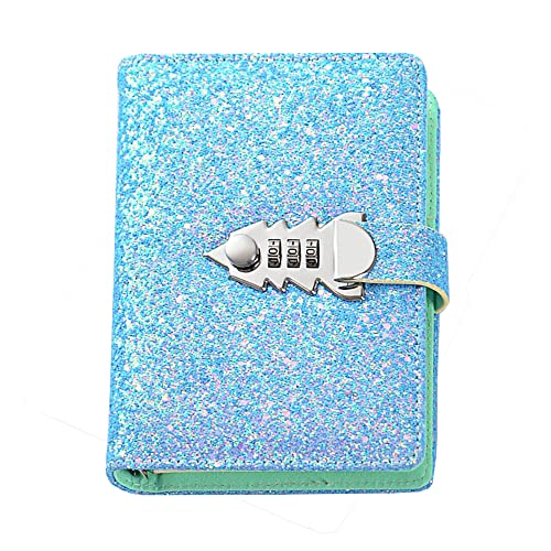 A6 nachfüllbares Binder Notebook PU Leder abschließbar Notebook Tagebuch Tagebuch Skizzenbuch Tagesplaner Agenda Notizblock mit Codeschloss, Stifthalter und Kartenfächern (Glitzer Blau) von Supertool