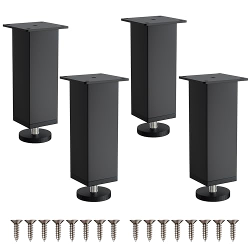 SUPERWSLING 4er-Set höhenverstellbare Möbelbeine (10-11 cm) – Möbelfüße verstellbar mit Schrauben & rutschfesten Füßen aus Stahl+PVC, schwarz quadratisch für Sofas, Schränke & Tische von SUPERWSLING