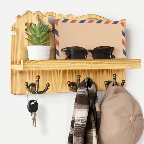 Schlüsselbrett Modern mit 6 Schlüsselhaken, holz schlüsselhalter wand, schlüssel aufbewahrung, schlüsselboard flur wandgarderobe mit ablage, Geeignet für Eingang und Hinter Türen (Holzfarbe) von SUPERWSLING
