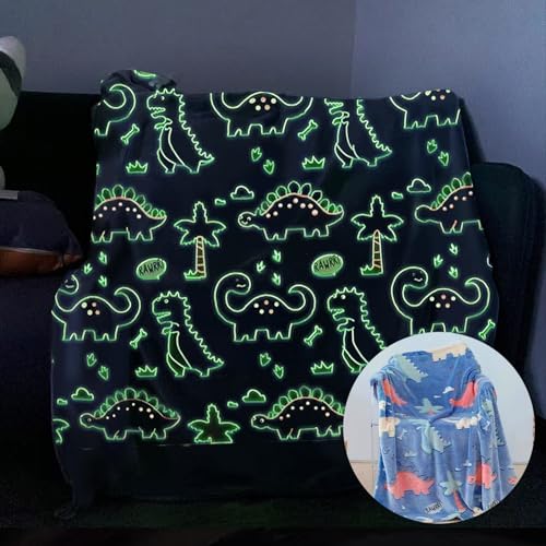 SUPGOMAX Kuscheldecke Kinder Glow in The Dark Fleecedecke, 150 x 130cm Dino Deko Decke Flanell Leuchtet Im Dunkeln Blanket, Dinosaurier Geschenk für Mädchen Jungen Kinder von SUPGOMAX