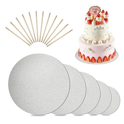 SUPGOMAX Papier Cake Board Set, 5 Stück Kuchenplatte mit 12 Stück Tortenstützen, Runder Torten-Teller, Kuchenunterlage für Transport, Tortenplatte für Kuchendeko Hochzeit Geburtstagsparty von SUPGOMAX