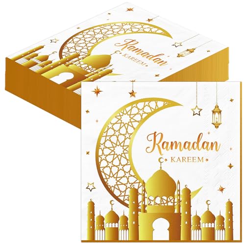 Eid Ramadan Dekoration Ramadan Servietten - BUSCANDO Ramadan Kareem Eid Mubarak Deko Dekoration Serviettenringe Eid Servietten Gold Weiß 33x33 Papierservietten (80 Stück) von SUPJADE