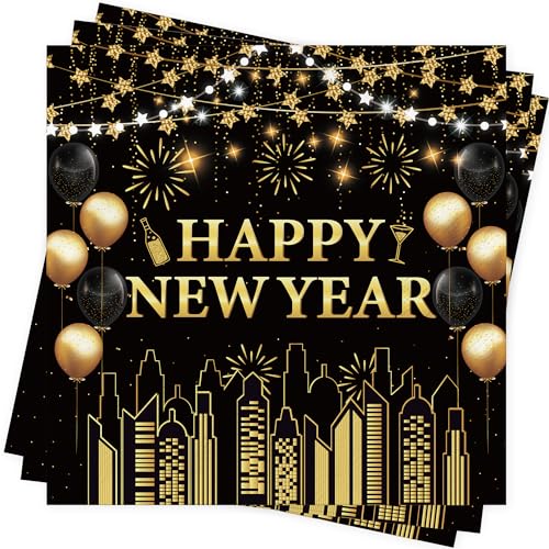 SUPJADE Servietten Silvester Deko Tischdeko - 48Stück Happy New Year Servietten Papierservietten Silvester Schwarz Gold Servietten für Neujahr Party Dekoration Servietts von SUPJADE