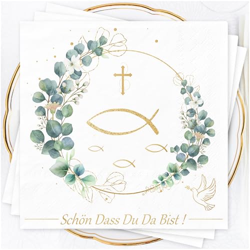 Servietten Taufe Kommunion Konfirmation Deko - 40Stück 3-lagig Servietten Schön Dass Du Da Bist Servietten Grün Eukalyptus Taufe Tischdeko Kommunion Konfirmation 33x33cm Servietten Geburtstag Hochzeit von SUPJADE