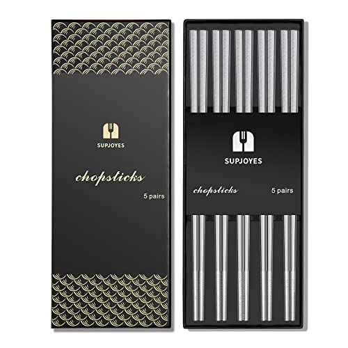 SUPJOYES 5 Paar Edelstahl Essstäbchen, Wiederverwendbare Essstäbchen, Spülmaschinenfeste Metall Essstäbchen, Japanische Stäbchen Geschenkset, Welle von SUPJOYES