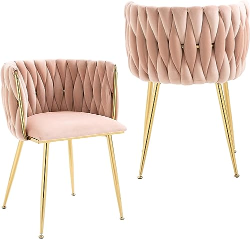 Samt Esszimmerstühle 2er Set, Stühle Esszimmer mit Armlehne，Küchenstühle mit handgeflochtenen Gebogener Rückenlehne, Schminktisch Stuhl mit Goldene Metallbeine, Sessel für Küche, Wohnzimmer, Büro,Rosa von SUPPNEED