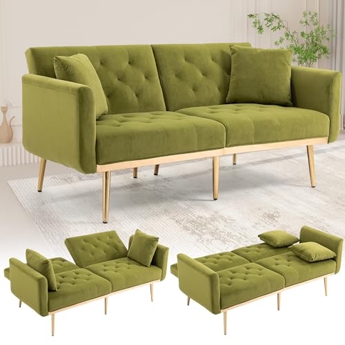 SUPPNEED Samt-Sofa, getuftete Loveseat Couch, Akzent-Sofa Liege, goldene Metallbeine, 2 Couch-Kissen, Mid Century Modern Sofas für Haus Wohnzimmer Schlafzimmer (Olive) von SUPPNEED