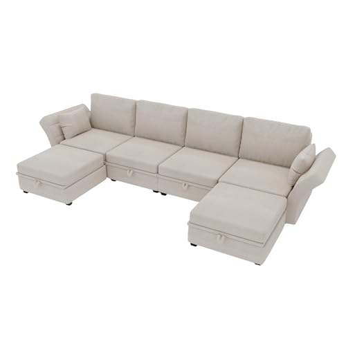 SUPPNEED Soft Sektional U-förmigen Sofa mit Lagerung, lässig Spleißen kann Doppelbett Sofa verwenden, Armlehnen faltbar Leinengewebe, extra breite Liegesofa für Wohnzimmer (Beige) von SUPPNEED