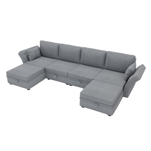 SUPPNEED Soft Sektional U-förmigen Sofa mit Lagerung, lässig Spleißen kann Doppelbett Sofa verwenden, Armlehnen faltbar Leinengewebe, extra breite Liegesofa für Wohnzimmer (Grau) von SUPPNEED