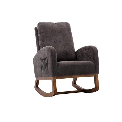 SUPPNEED Schaukelstuhl Mid-Century Modern Nursery Schaukelsessel gepolstert hohe Rückenlehne Accent Glider Rocker für Wohnzimmer，Massivholzrahmen, hochwertige Stoffe (Dunkelgrau) von SUPPNEED