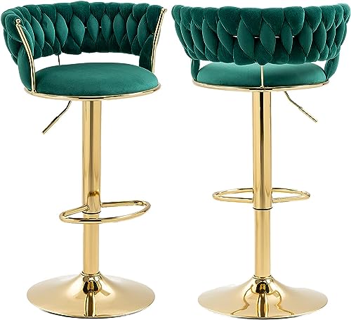 Samt Barhocker 2er set，Höhenverstellbar Barhocker mit Lehne &Armlehne，Ergonomischer Barstuhl mit Handgewebtem Samt und Gold Bein für Kücheninsel, Bar, Restaurant, Drehhocker mit Fußstütze,Smaragd von SUPPNEED