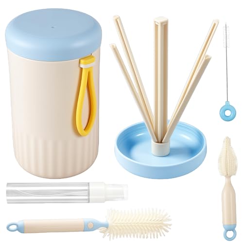 6 in 1 Babyflaschenbürsten-Set, Tragbare Travel Silikon Baby Flaschenreiniger Pinsel Set Faltbare Trocknungsregal mit Aufbewahrungseimer Safe Robust BPA freies für Zuhause und Reisen(blau) von SUPPUIMNT